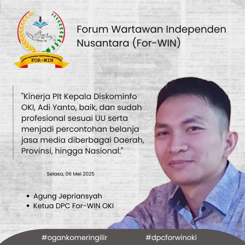For-WIN Apresiasi Kinerja Profesional Plt Kadis Kominfo OKI: Sesuai Undang-Undang dan Layak Jadi Percontohan